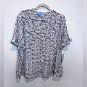 CeCe Floral V-Neck Ruffle Sleeve Button Down XL